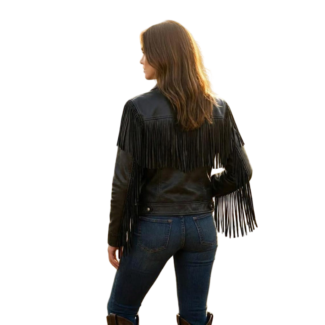 Back view showing long fringe detail on women moto style leather coat