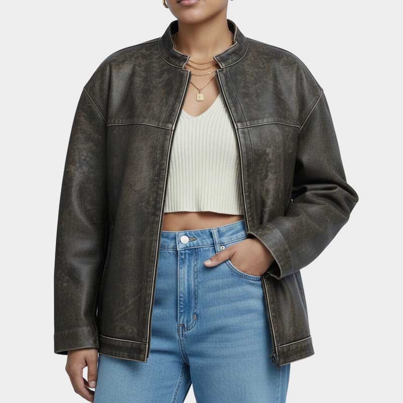 Women Oversized Vintage Leather Bomber Jacket Genuine Lambskin with Drop Shoulder by Shearling Jackets Store USA