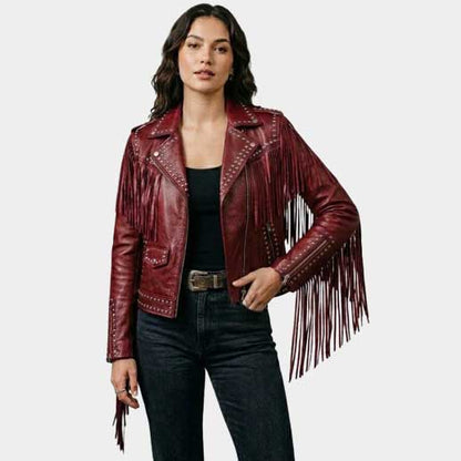 Women Red Fringe Studded Leather Biker Jacket