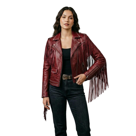 Front view of women red fringe studded leather biker jacket with long fringe sleeves