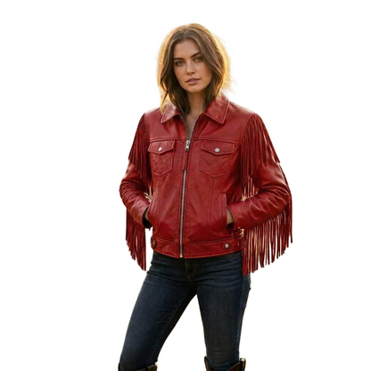 Front view of women red leather fringe jacket with western cowboy moto design