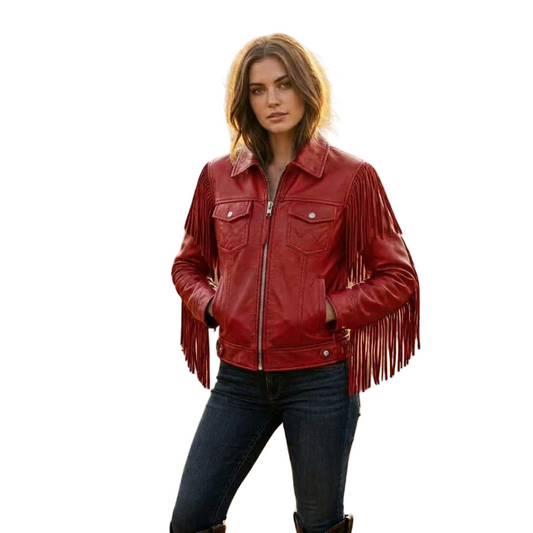 Front view of women red leather fringe jacket with western cowboy moto design