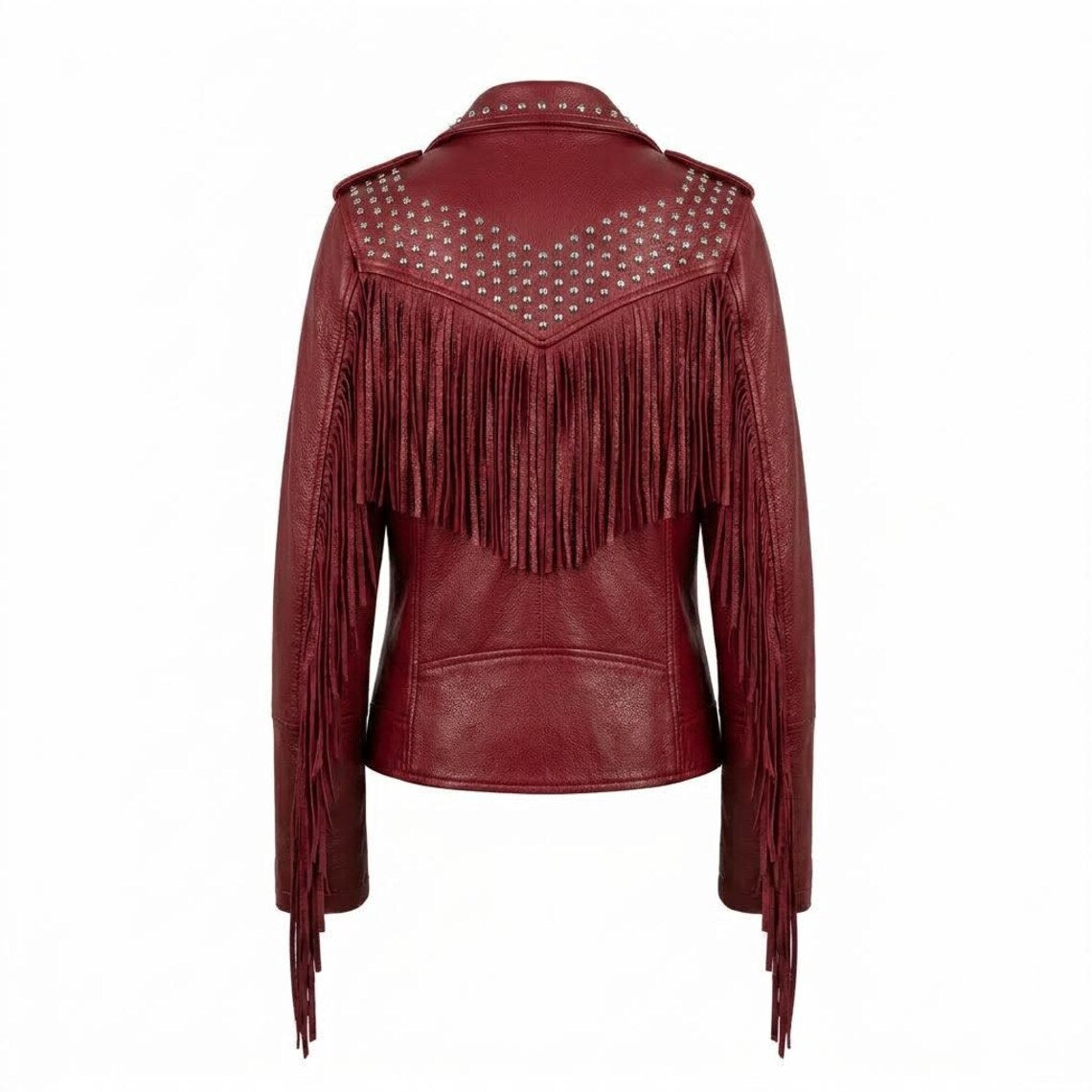 Back view of women red punk rock leather jacket with western fringe