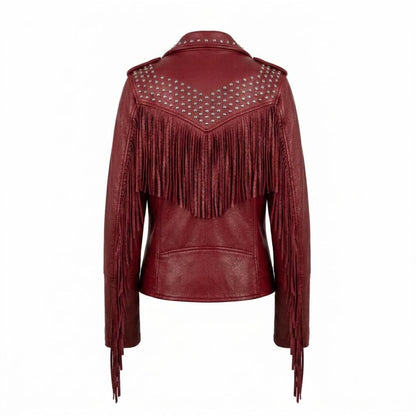Back view of women red punk rock leather jacket with western fringe
