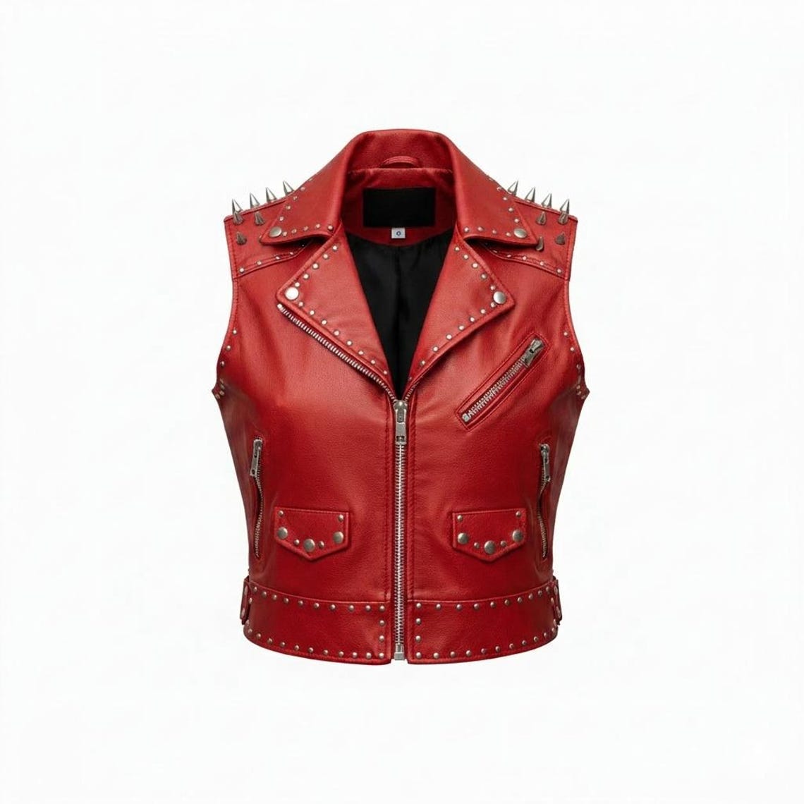 Front view of women red studded leather biker vest with wolf back patch