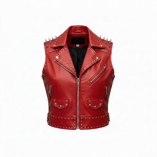  Front view of women red studded leather biker vest with wolf back patch