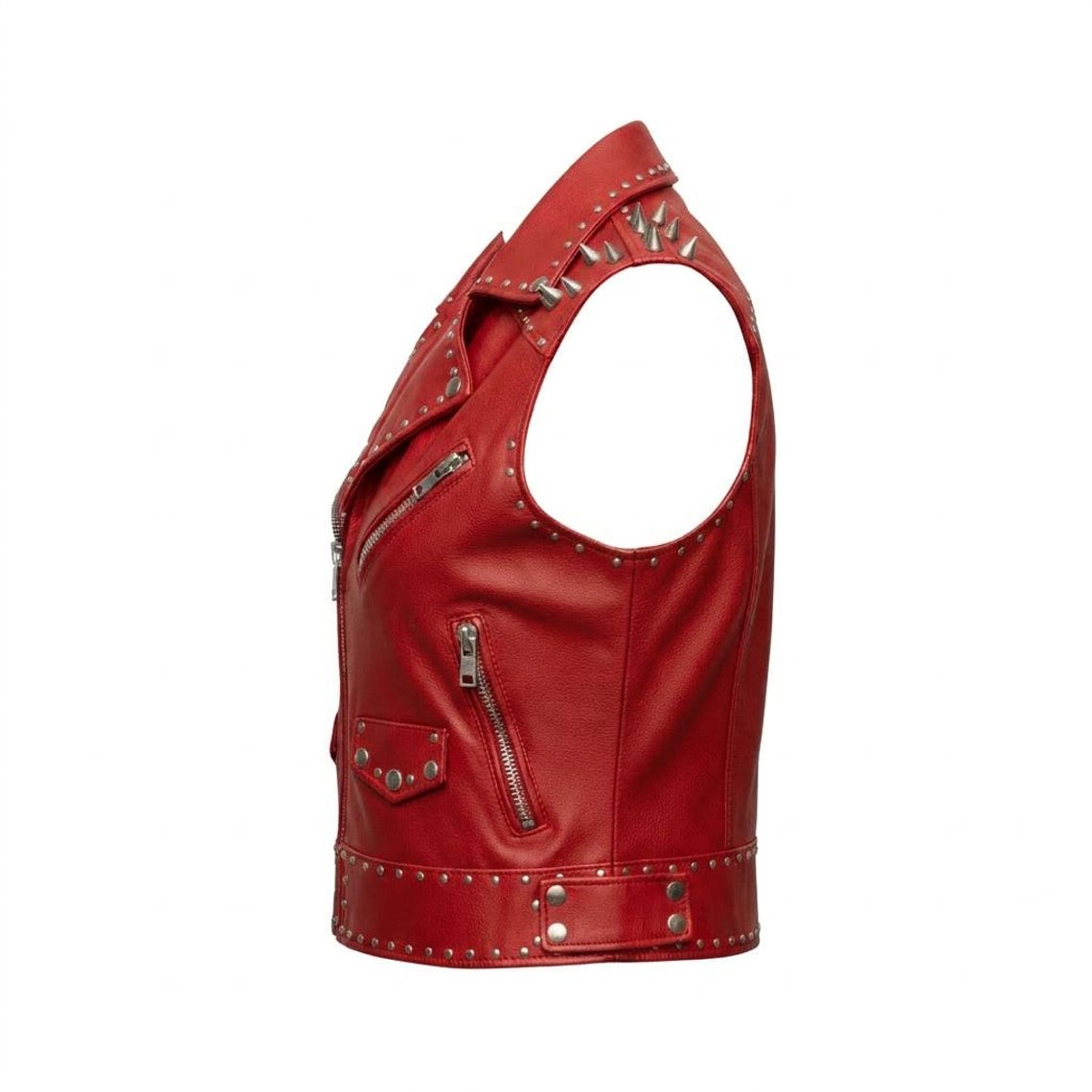 Side pose of women red studded leather biker vest with wolf back patch