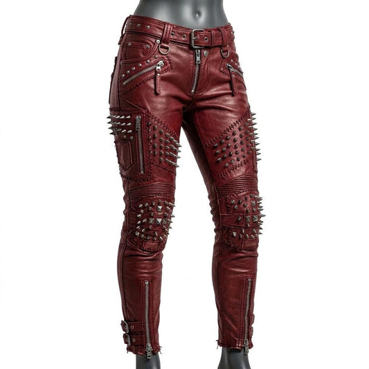  Front view of women red studded leather pant with skinny biker fit