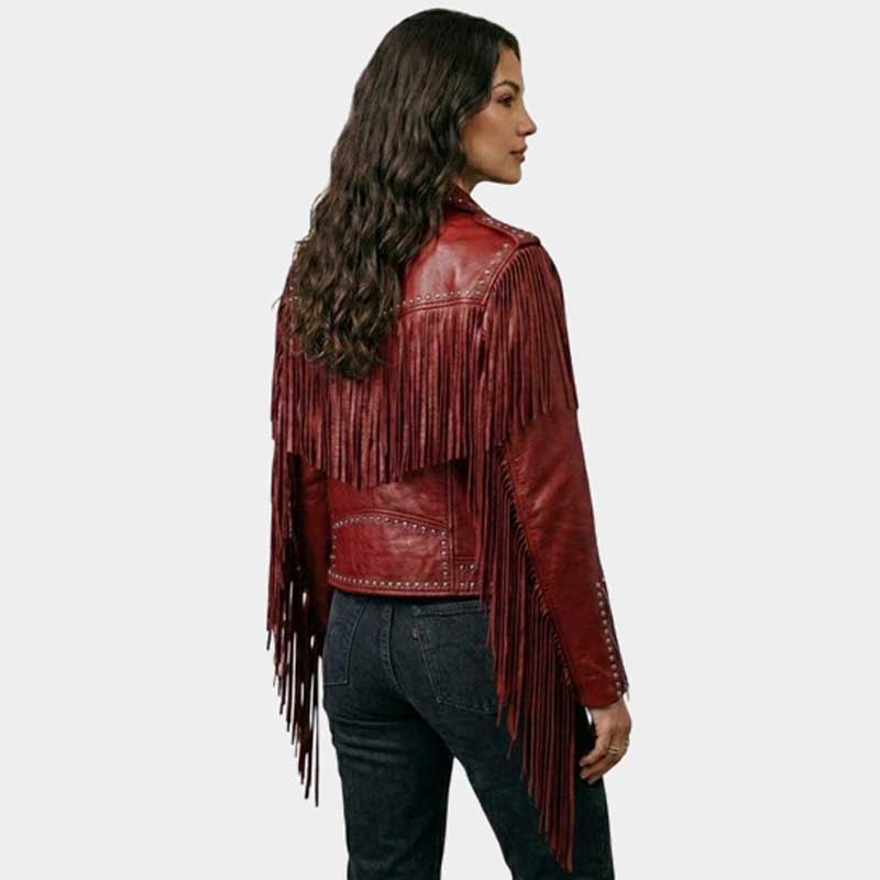 Women Red Fringe Studded Leather Biker Jacket