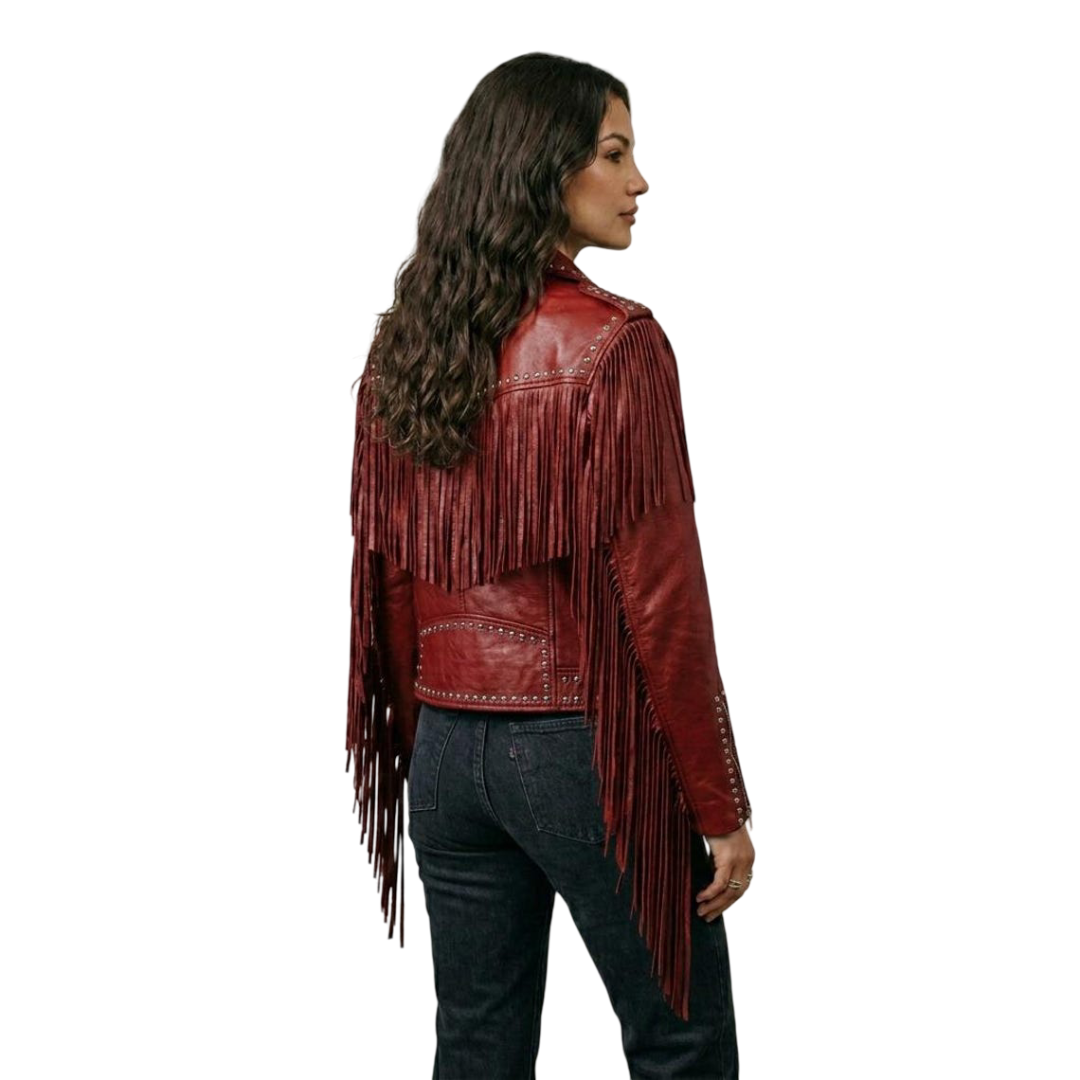  Back view of women red studded moto leather jacket with flowing fringe