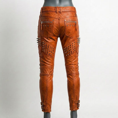 Back view of women skinny orange leather pant with fitted design