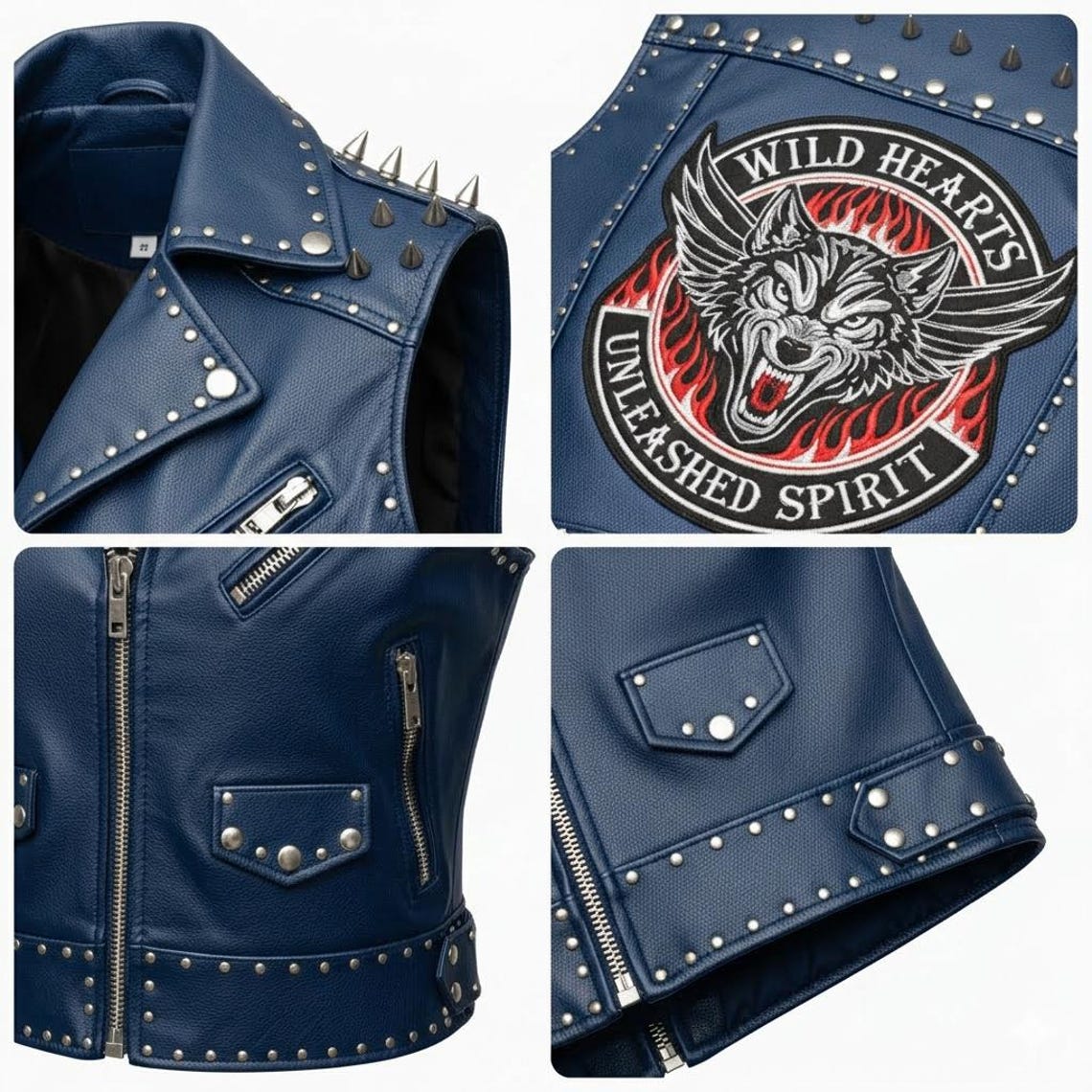 Women wearing blue leather moto vest for streetwear look