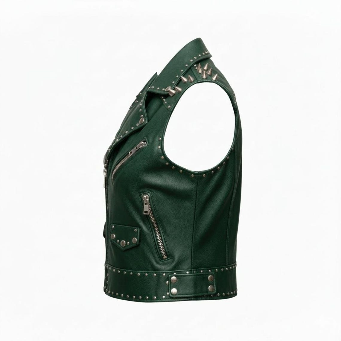 Side profile of women green studded leather biker vest