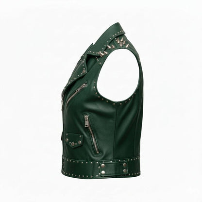 Side profile of women green studded leather biker vest