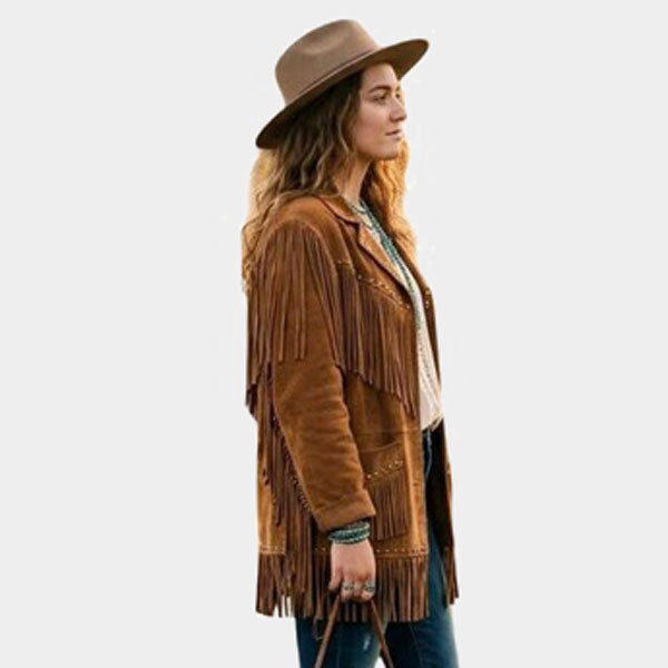 Women Camel Suede Leather Fringe Jacket Studded Western Biker Style