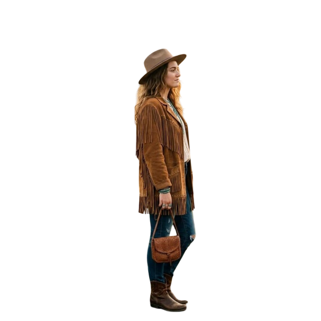 Side profile of camel suede fringe jacket showing long western fringe