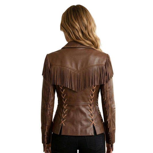 Back view of women western brown leather fringe jacket