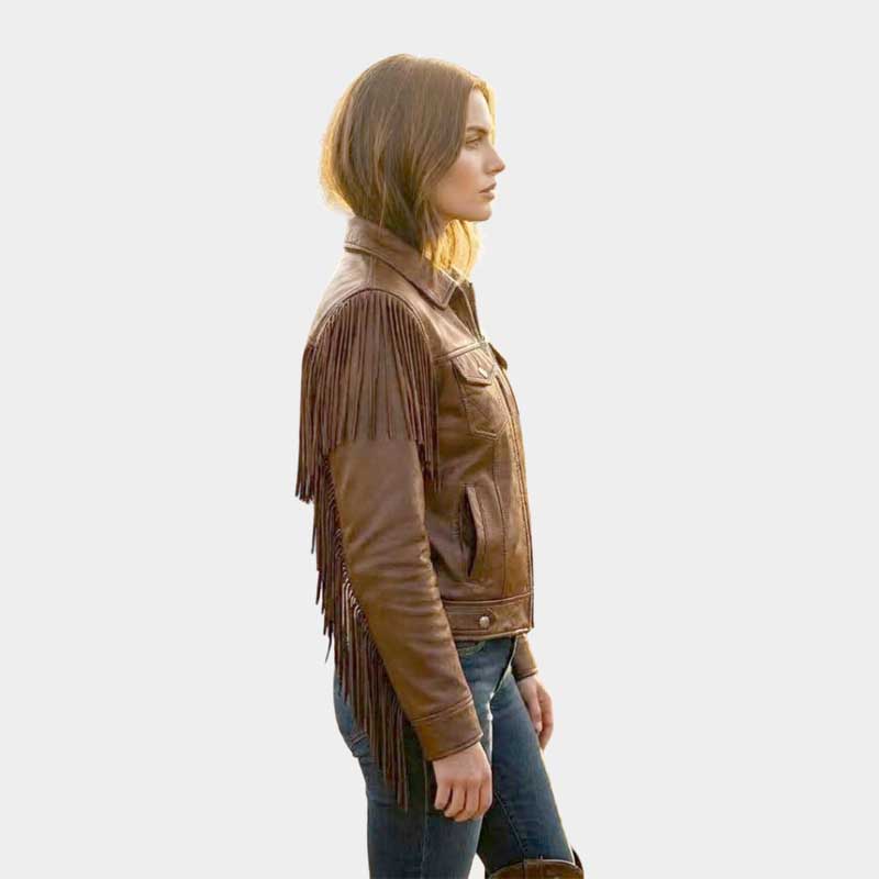 Women Brown Leather Fringe Jacket Western Cowboy Moto Style