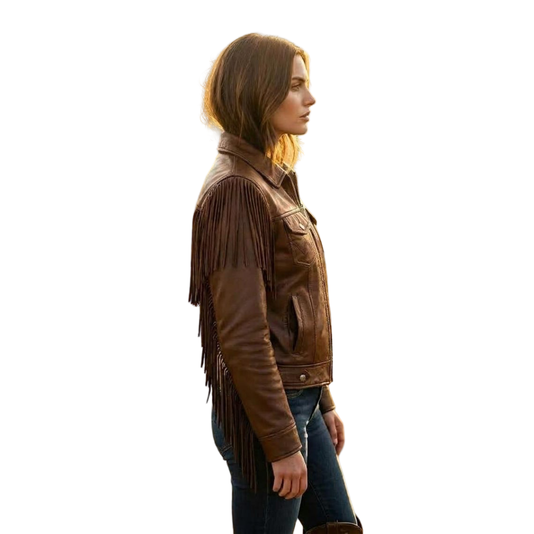 Side profile of western brown leather fringe jacket for women