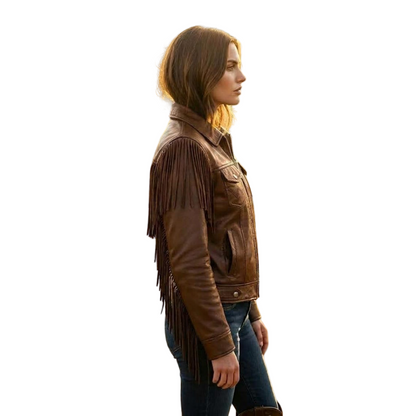 Side profile of western brown leather fringe jacket for women