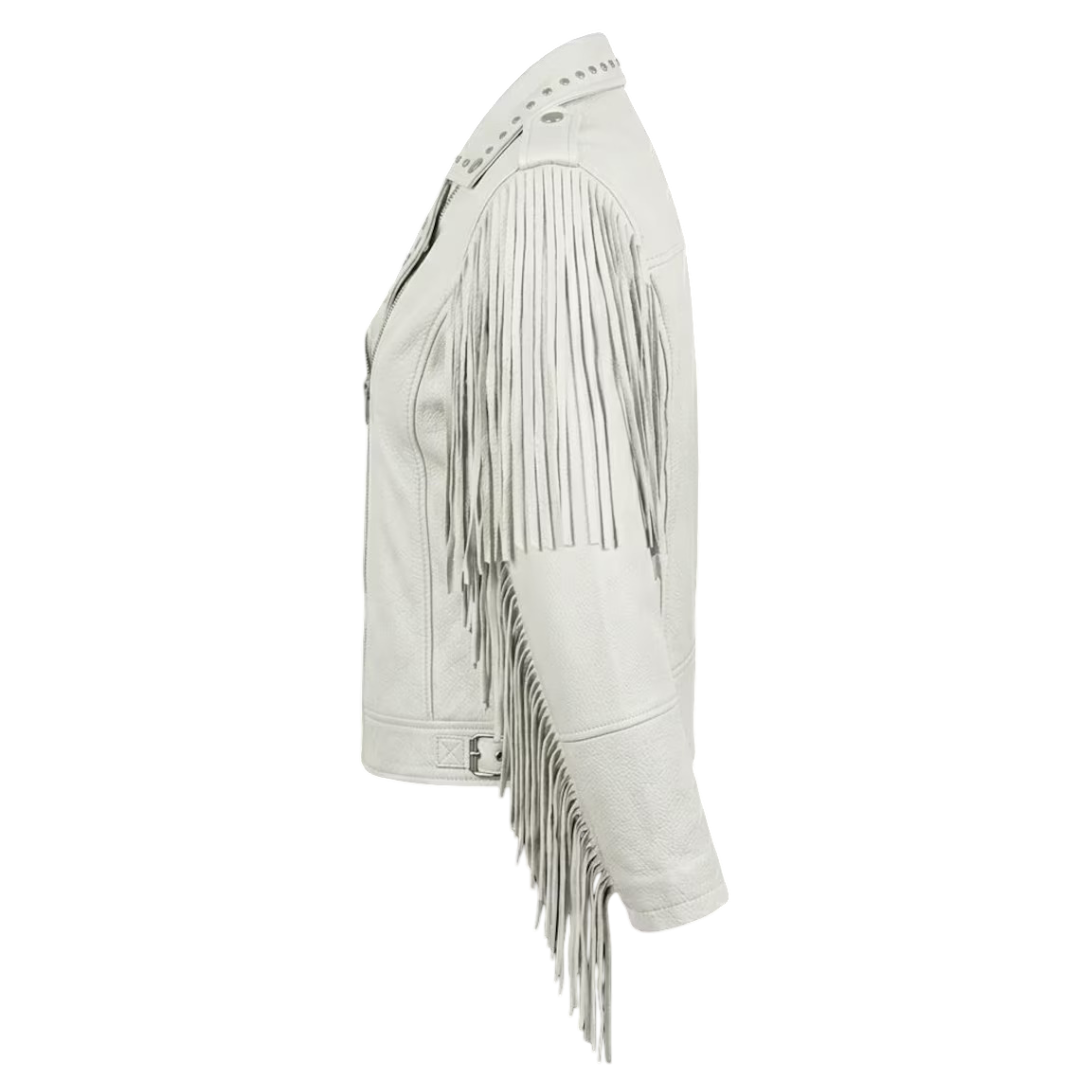 Side angle of women white studded moto leather jacket slim fit