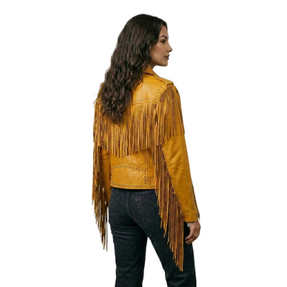 Back view of yellow fringe leather jacket with flowing sleeve fringe