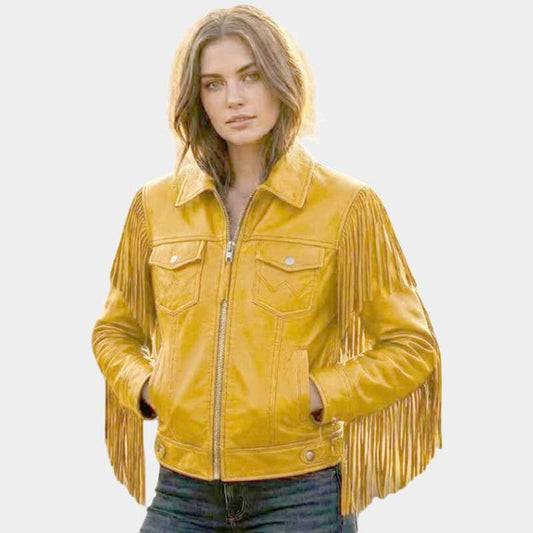 Women Yellow Fringe Leather Jacket Western Moto Style