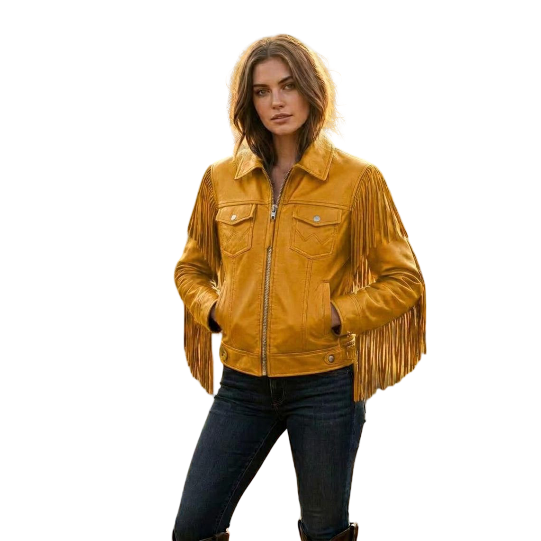 Front view of women yellow fringe leather jacket in western moto style