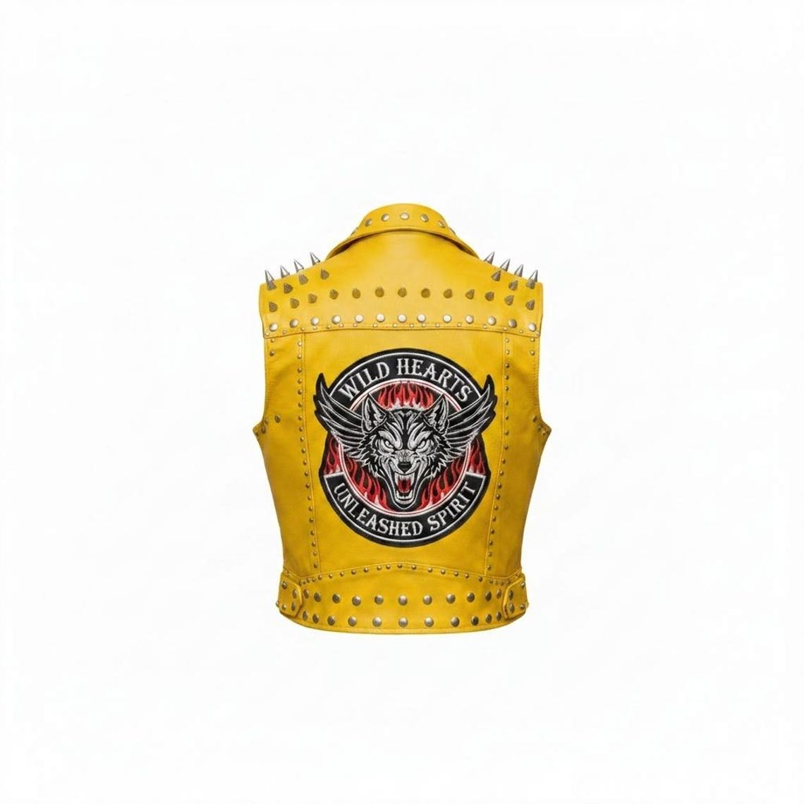 Back view showing detailed wolf patch on women yellow leather biker vest