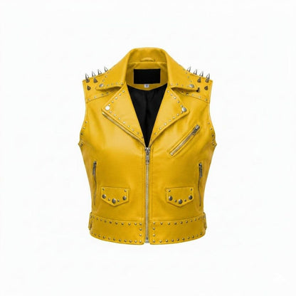  Front view of women yellow studded leather biker vest with wolf patch