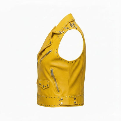  Side angle view of women yellow studded leather biker vest with spikes and wolf patch detailing