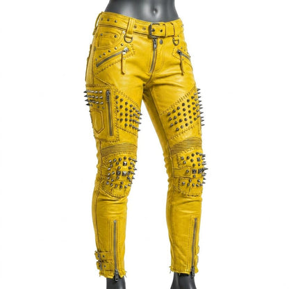  Front view of women yellow studded leather pant with skinny biker fit