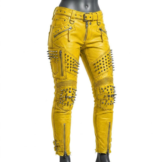 Front view of women yellow studded leather pant with skinny biker fit