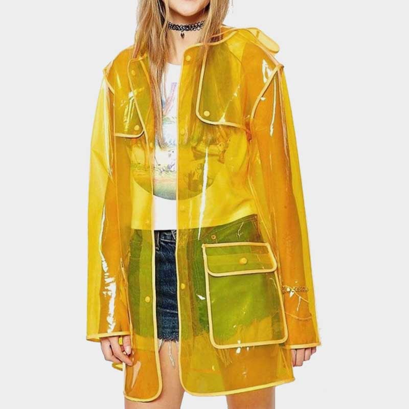Women Yellow Transparent Mini Trench Coat