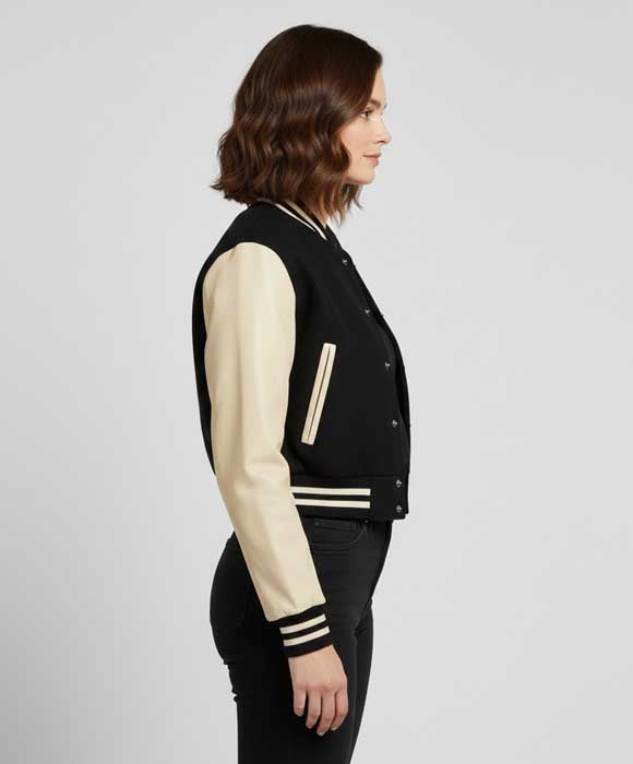 Women's two-tone varsity jacket with a classic collegiate-inspired design