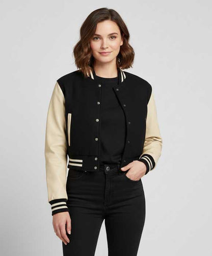 Women's black and cream varsity jacket with a wool body and genuine leather sleeves