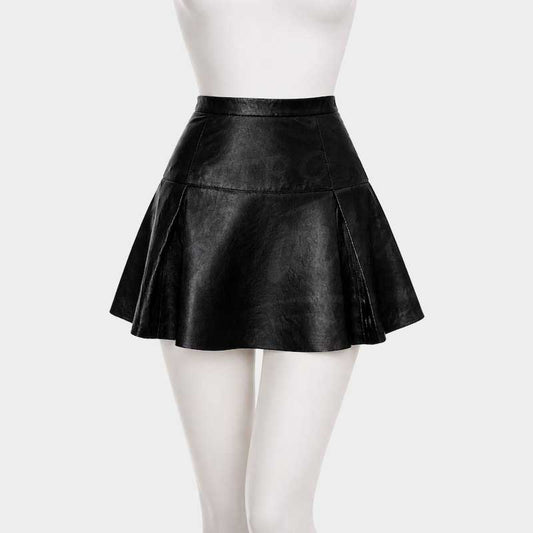 Women's Black Goat Leather Skater Skirt High Waist Mini