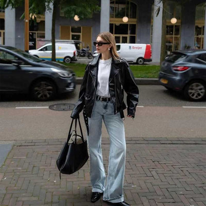 Women's Black Oversized Motorcycle Biker Leather Jacket displaying its oversized silhouette.