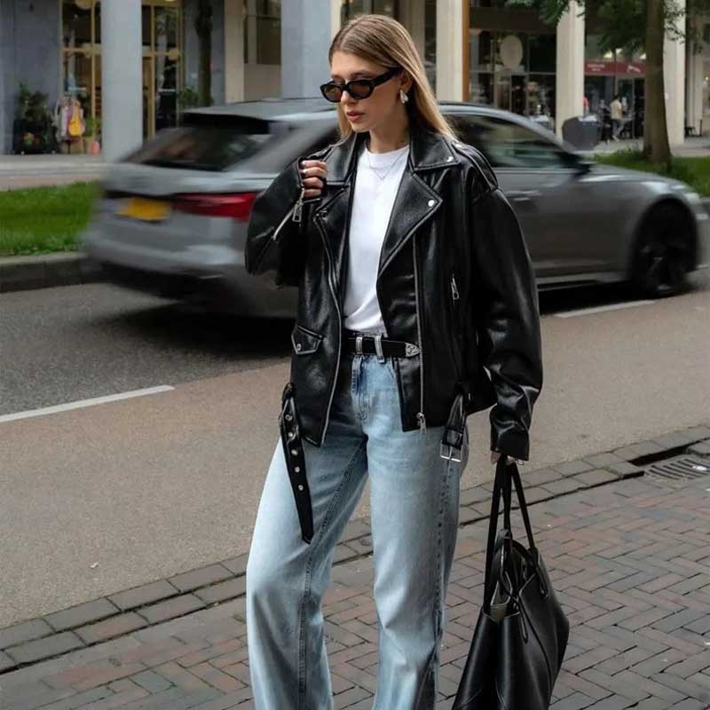 Women's Black Oversized Motorcycle Biker Leather Jacket shown from the front.