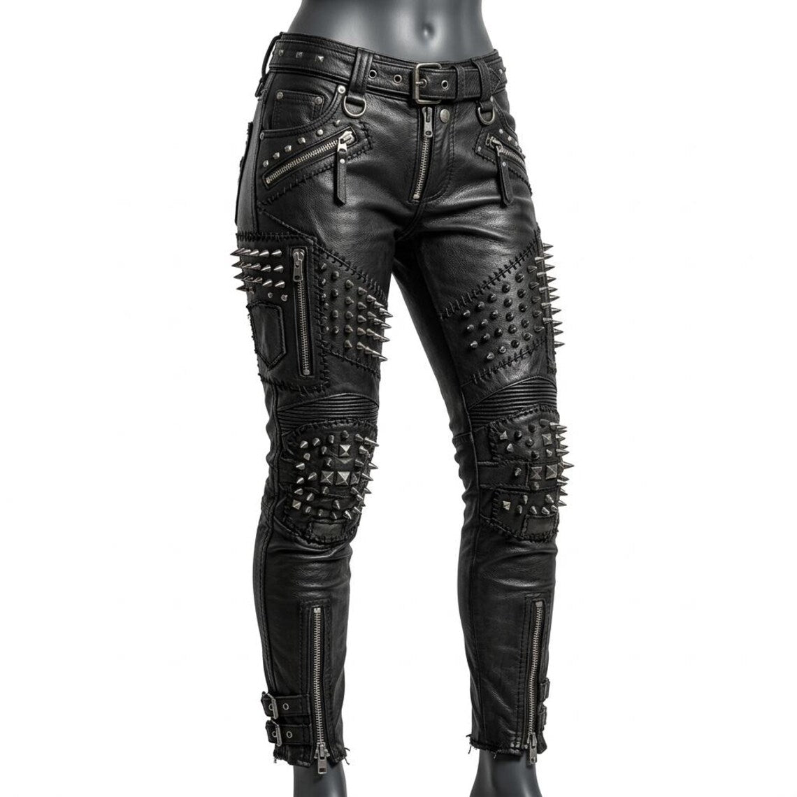  Front view of womens black studded leather pant with spike and zipper detail