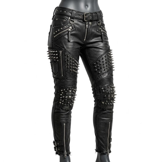  Front view of womens black studded leather pant with spike and zipper detail