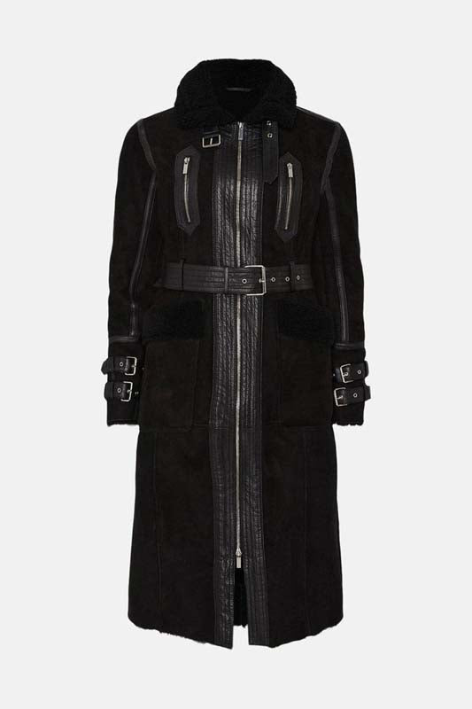 Women's long black leather coat with a wool-look design