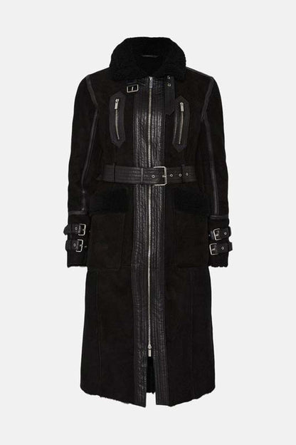 Women's long black leather coat with a wool-look design