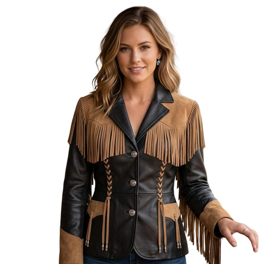 Front view of women’s black and tan fringe leather jacket in cowgirl Western style