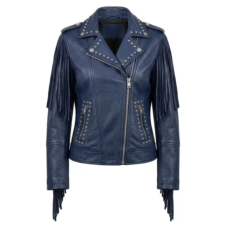  Front view of women's blue leather fringe studded biker jacket slim fit d
