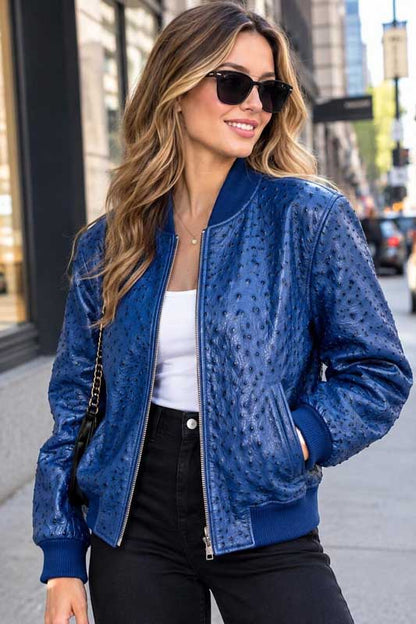 Blue Women’s Bomber Jacket with Ostrich Embossed Texture