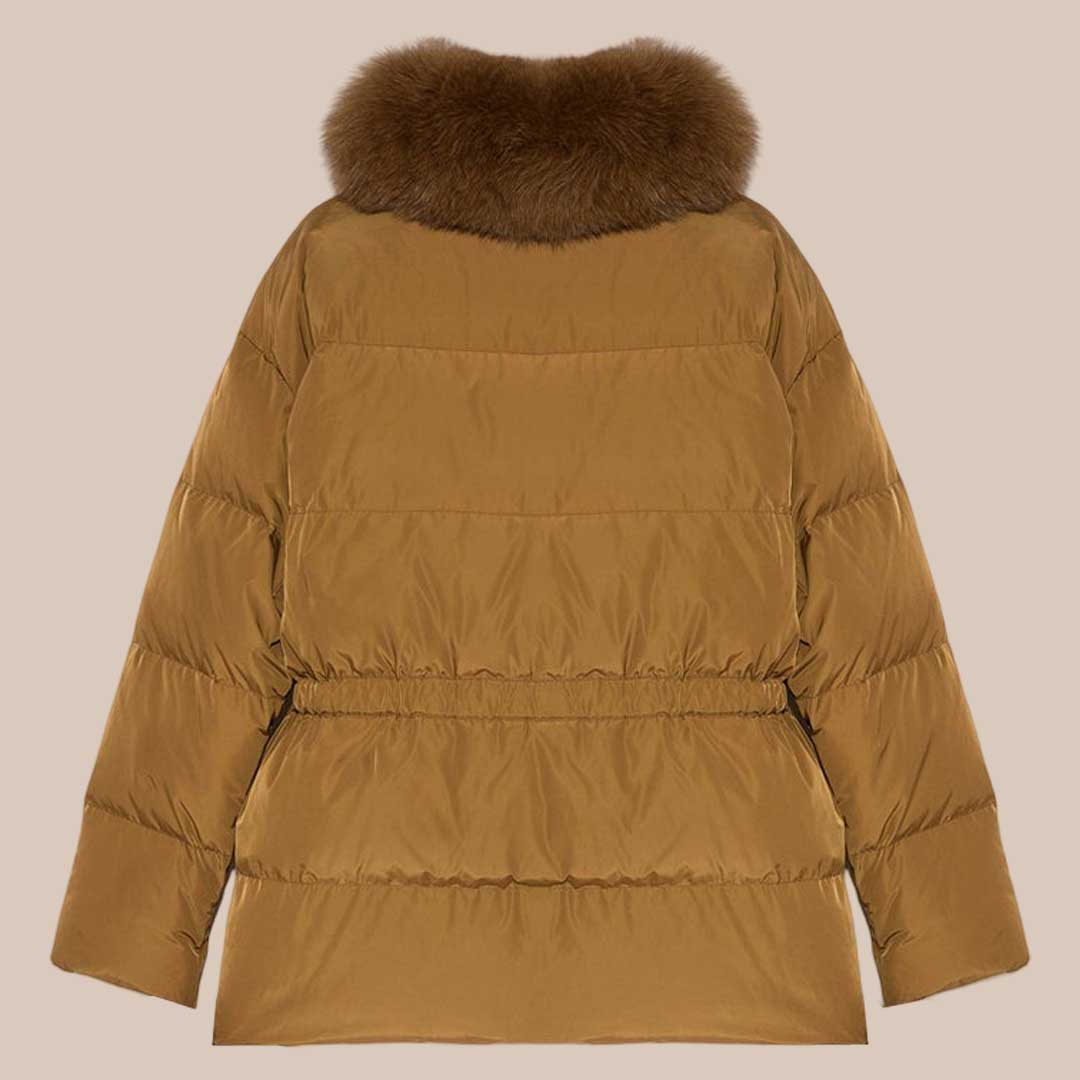 Women's Brown Down Parka Jacket with Fur Trim Winter Puffer Coat Water Resistant