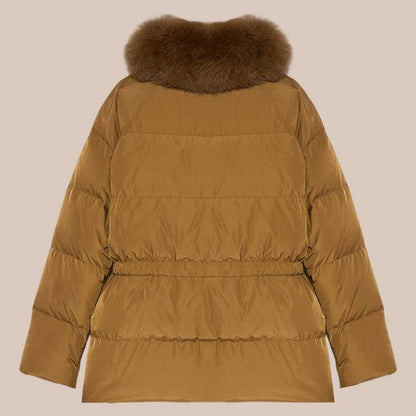 Women's Brown Down Parka Jacket with Fur Trim Winter Puffer Coat Water Resistant