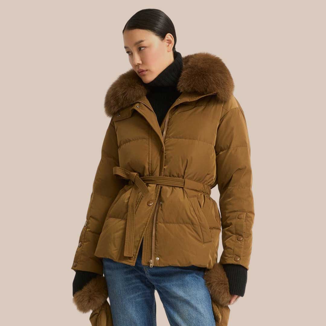 Women's Brown Down Parka Jacket with Fur Trim Winter Puffer Coat Water Resistant