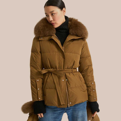 Women's Brown Down Parka Jacket with Fur Trim Winter Puffer Coat Water Resistant